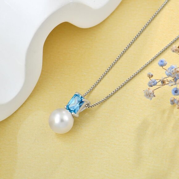 925 Sterling Silver Pearl Pendant Necklace with Baguette Birthstones for Women - Picture 4 of 5